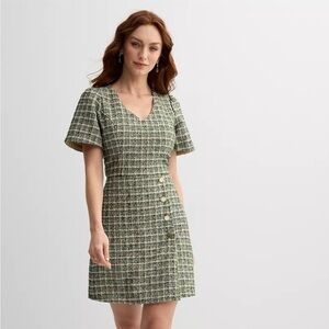 Draper James Green gold navy Tweed Dress with buttons size 4 cute